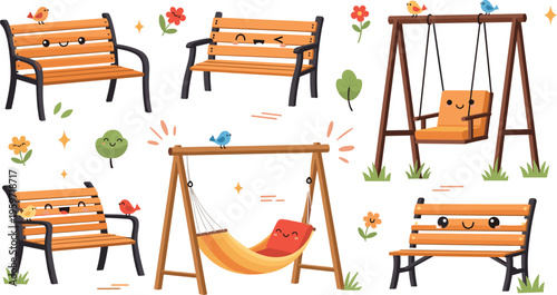 Cute park benches and swings kawaii vector set, outdoor garden furniture with smiling characters, playful nature illustrations, colorful flat design collection