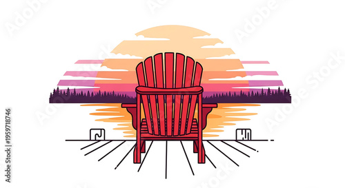 A vibrant red Adirondack chair sits on a dock overlooking a serene lake at sunset.