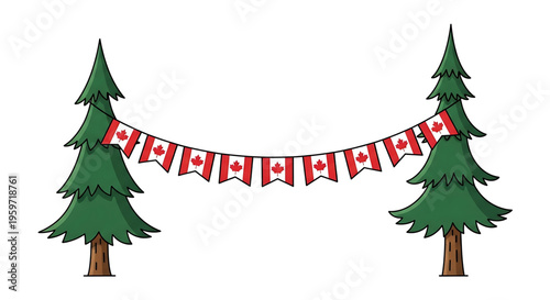 A colorful vector illustration of two pine trees with a Canadian flag banner hanging between them