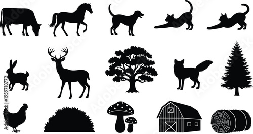 Silhouette of various animals and natural elements