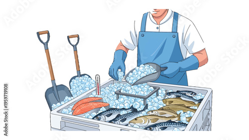 Fishmonger's Ice Display: A diligent fishmonger carefully arranges an array of fresh fish, nestled amidst a bed of glistening ice, ensuring optimal preservation and freshness for the market.
