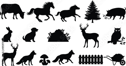 Silhouette of various animals and objects in a forest setting silhouette