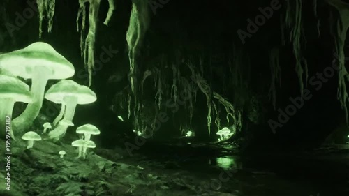 Glowing green cave formations underwater.