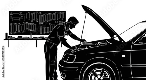 Mechanic inspecting car engine with tools in background in garage setting