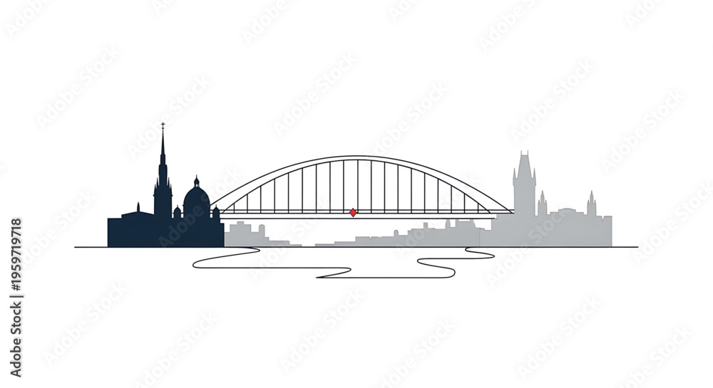 Naklejka premium A minimalist vector graphic illustration of a city skyline with a bridge over a river