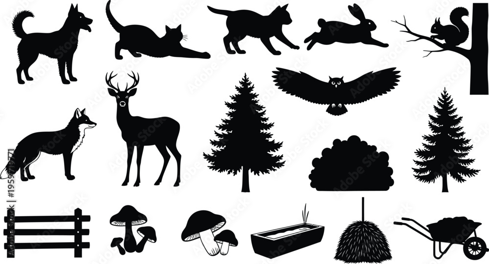 Fototapeta premium Silhouette of various animals and forest elements