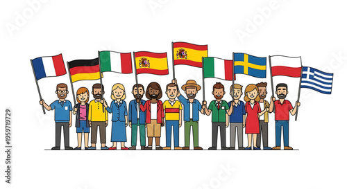 A diverse group of people holding flags from different countries in a colorful illustration