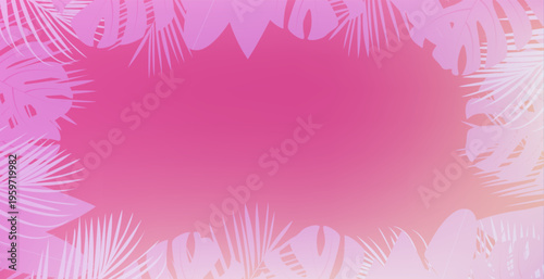 Summer pink tropical leaves frame, palm leaves background with place for your text. Vector illustration.