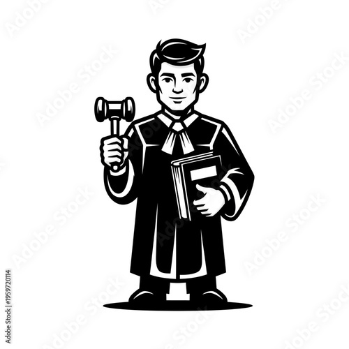 Black and white vector illustration of a male judge holding a gavel and book