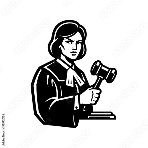 Black and white woodcut illustration of a female judge holding a gavel on white background