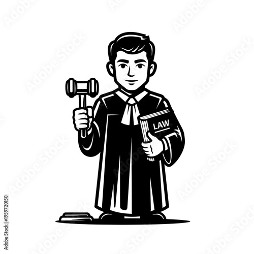 Black and white cartoon illustration of a judge holding a gavel and law book