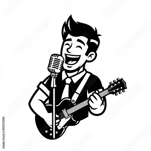 Illustration of a male musician singing into a vintage microphone and playing electric guitar