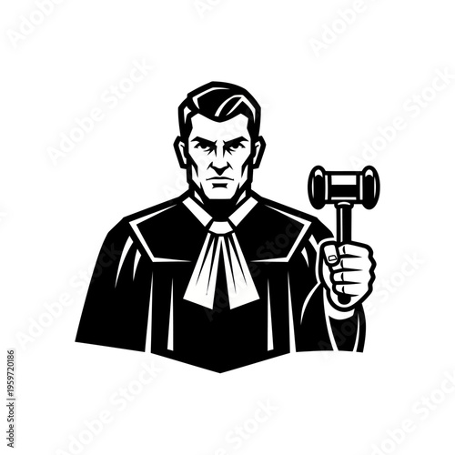 Black and white vector illustration of a male judge holding a gavel on white background