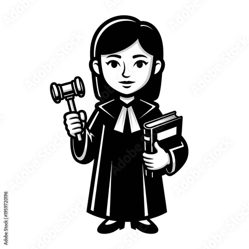 Black and white cartoon female judge holding a gavel and law book on white background