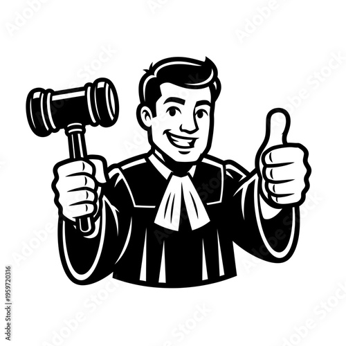 Black and white illustration of a smiling judge holding a gavel and giving thumbs up