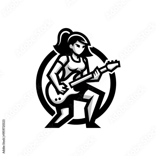 Black and white vector illustration of a woman playing electric guitar inside a circle