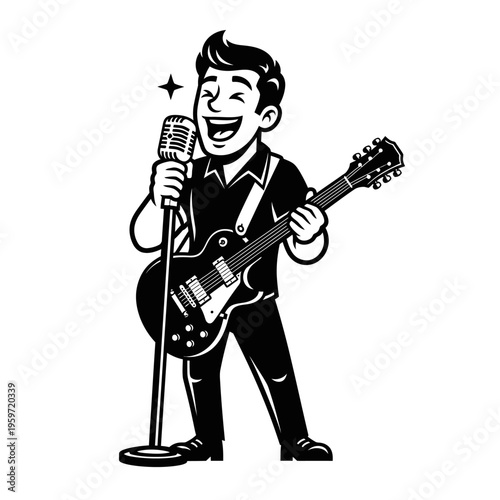 Black and white cartoon man singing into vintage microphone playing electric guitar on white background