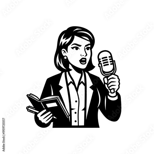 Black and white illustration of a businesswoman speaking into a microphone holding an open notebook