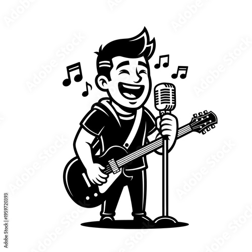 Black and white cartoon musician singing and playing electric guitar with musical notes