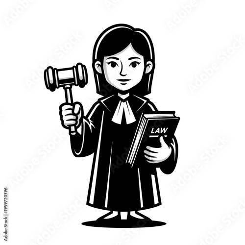 Black and white illustration of a female judge holding a gavel and law book