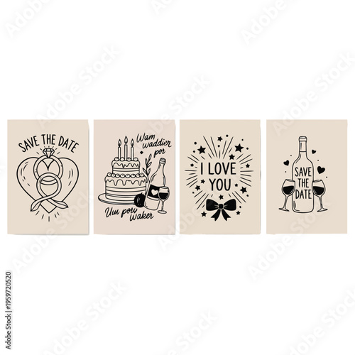 Four beige cards with wedding illustrations and romantic phrases are displayed.