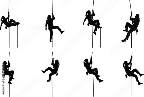 Silhouette rope access workers, industrial climbers descending, safety harness equipment, vertical rescue training, rappelling techniques, isolated on white background