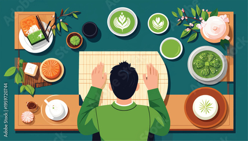 Man planning meal with various healthy foods.