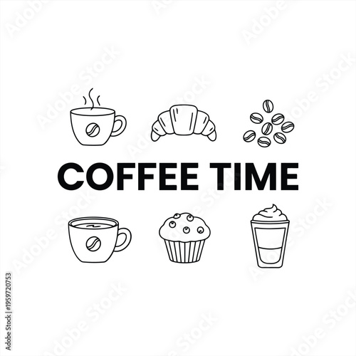 A set of coffee icons with croissant  and a cupcake on the table indoors