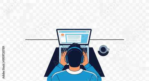 Man Working on Laptop Computer from Behind.