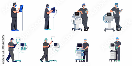 Set of male medical staff in dark scrubs using various hospital monitoring and life support equipment, isolated on white background.