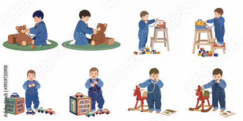 Set of illustrations featuring a young boy playing doctor with a stethoscope, teddy bears, blocks, and other toys in various charming scenes.