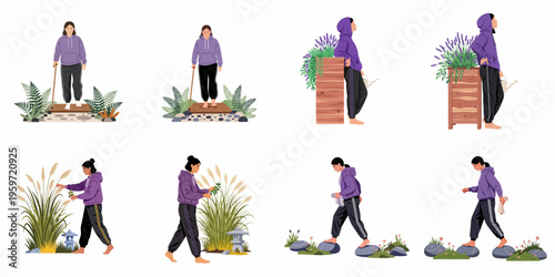 Vector illustration set of a woman in casual wear enjoying outdoor activities like gardening, walking on stepping stones, and relaxing in a zen garden.