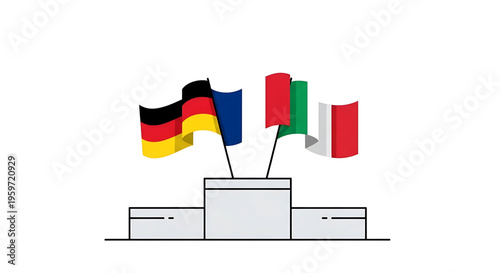 A vector graphic illustration of the flags of Germany, France, and Italy on a podium, symbolizing international cooperation and diplomacy.
