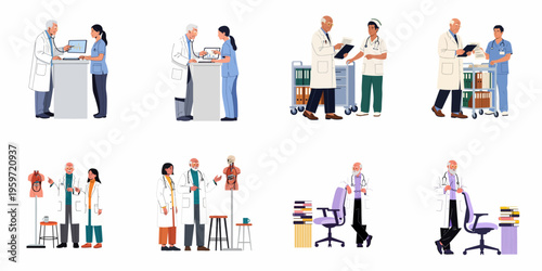 Collection of vector illustrations featuring senior doctors and younger medical staff collaborating, teaching, and working in a clinical or academic setting.