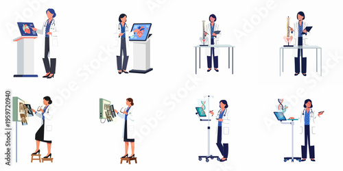 Set of female doctor illustrations showcasing medical professionals performing tasks in cardiology, orthopedics, radiology, and genetic research in a flat vector style.