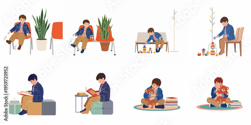 Collection of illustrations showing a young boy in various waiting room activities like playing with blocks, reading books, and hugging a teddy bear.