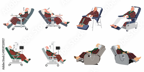 Collection of Illustrations Featuring an Elderly Man Resting and Sleeping in Various Medical and Comfort Recliners, Wearing a Plaid Robe.