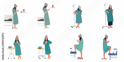 Set of Flat Vector Illustrations Depicting a Female Patient in a Hospital Gown Using Her Smartphone in Various Medical Settings.