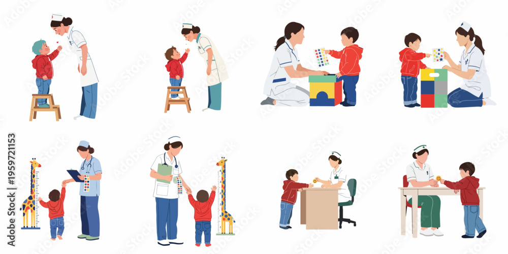 Fototapeta premium Set of flat illustrations showing a friendly nurse interacting with a young child in a pediatric clinic during checkups and play activities.
