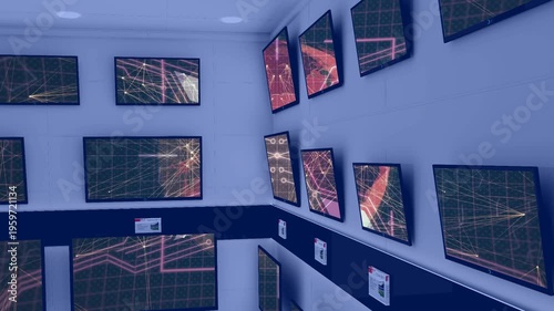Animation of screensavers with globe with connections on screens in tech store