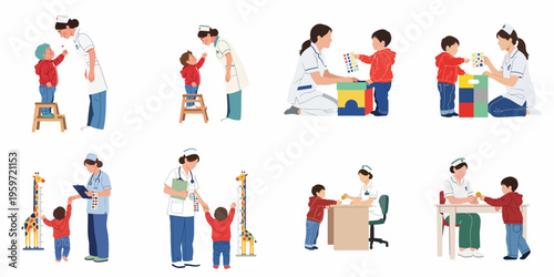 Set of flat illustrations showing a friendly nurse interacting with a young child in a pediatric clinic during checkups and play activities.