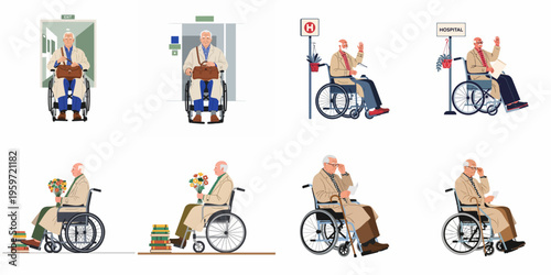 Illustration set of an elderly man in a wheelchair in various everyday situations like visiting the hospital, holding flowers, and taking the elevator.
