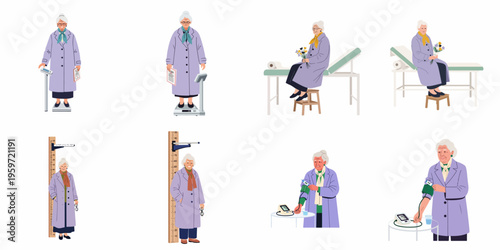 Elderly Woman Undergoing Various Medical Checkups and Health Monitoring, Flat Illustration Set