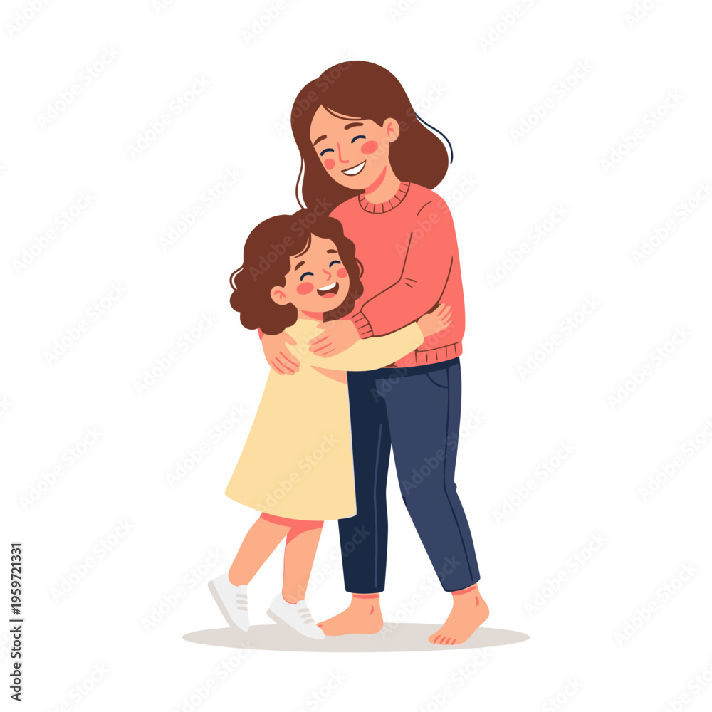 Obraz premium A mother and daughter are happily hugging each other, both smiling warmly.