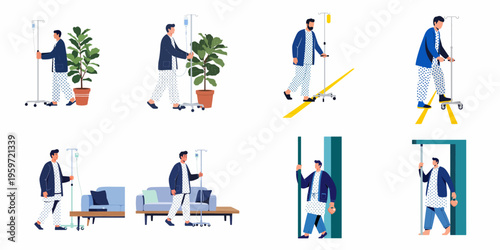 Set of illustrations depicting a male patient in pajamas walking with an IV drip pole in various hospital settings and at home.