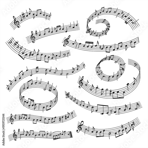 A collection of swirling music sheets and notes fills the page with elegant illustrations.