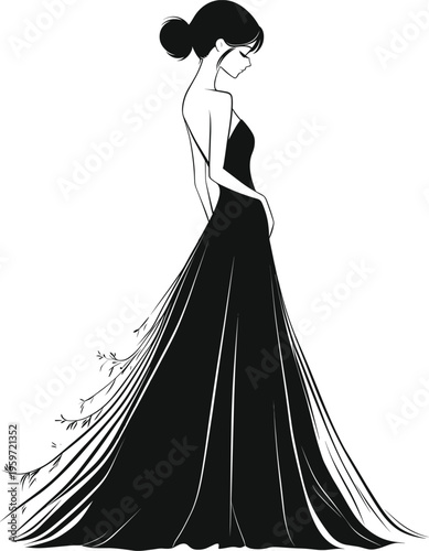 Elegant colorable illustration of a woman in a long, flowing black dress, looking down with a graceful pose, stylish black and white artwork, fashion, beauty, sophisticated
