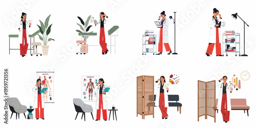 Set of flat illustrations featuring a professional female doctor in various clinical settings, performing medical duties and reviewing patient records.