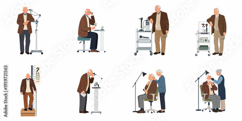 Comprehensive collection of flat illustrations showing an elderly man undergoing various health checkups, including hearing tests, eye exams, and height measurement.