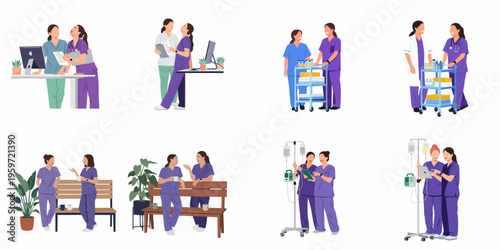 Set of flat vector illustrations depicting diverse female healthcare professionals collaborating in various hospital settings like nurse stations, break areas, and treatment rooms.